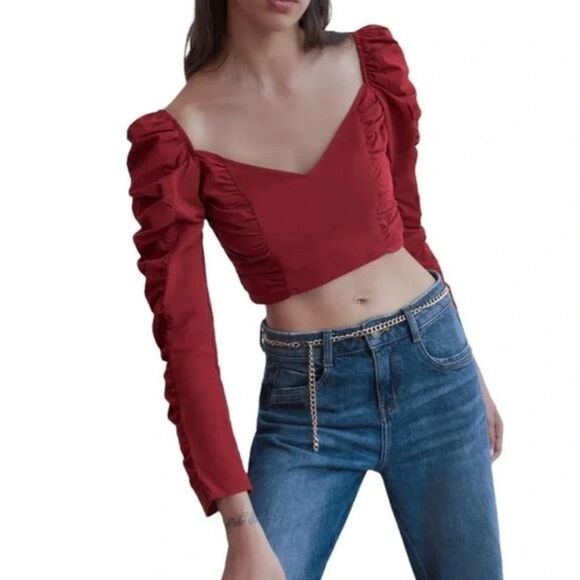 NWT ZARA Red V-Neck Crop Top with Puff Shoulders, Size Large - Picture 1 of 8